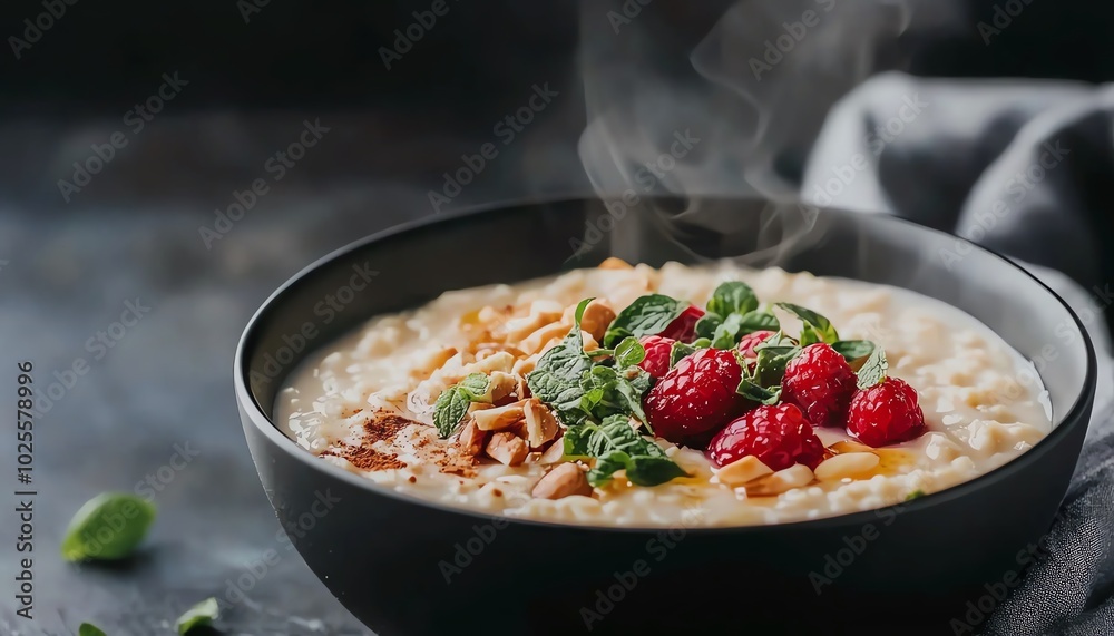 A steaming bowl of oatmeal topped with fresh raspberries, nuts, and mint leaves, presented on a dark textured surface. A steaming bowl of oatmeal topped with fresh raspberries, nuts, and mint leaves, presented on a dark textured surface.