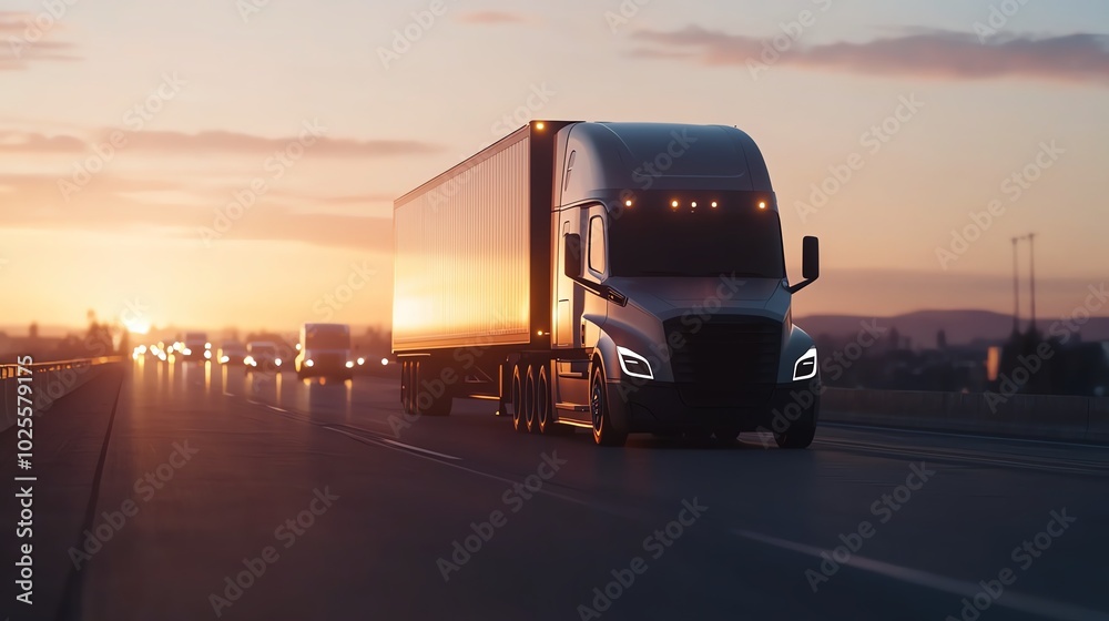 A modern truck driving on a highway at sunset, showcasing its sleek design and powerful presence on the road.