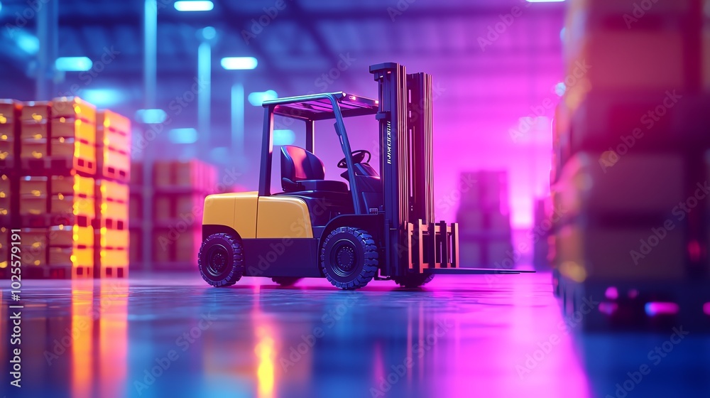 A vibrant warehouse scene featuring a forklift surrounded by colorful crates in an illuminated environment. A vibrant warehouse scene featuring a forklift surrounded by colorful crates in an illuminated environment.