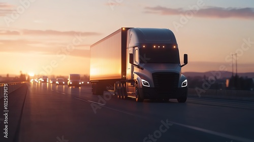 A modern truck driving on a highway at sunset, showcasing its sleek design and powerful presence on the road. photo