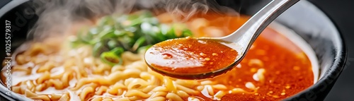 Delicious steaming bowl of spicy ramen noodles garnished with fresh herbs and served in a sleek black bowl. photo