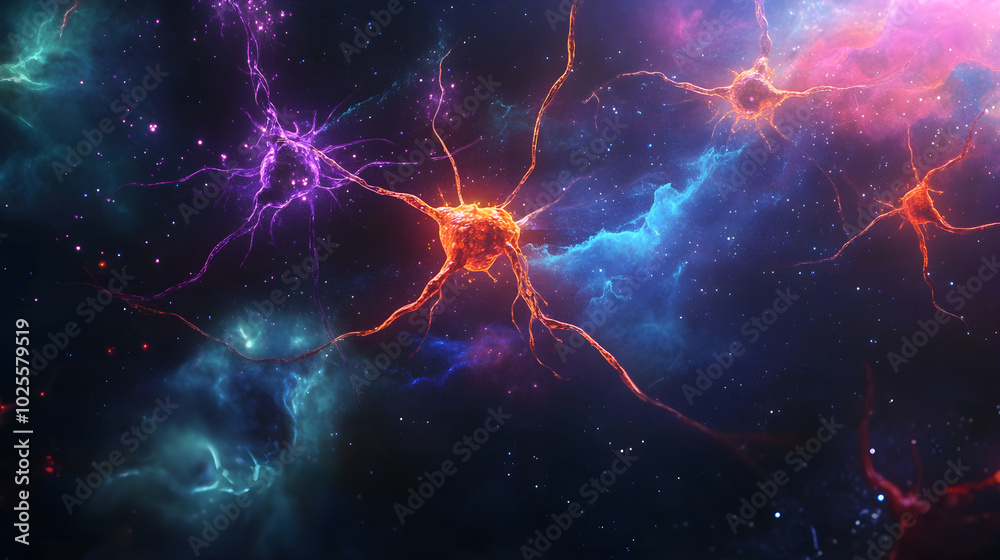 Colorful brain neurons and synapses firing in cosmic background Colorful brain neurons and synapses firing in cosmic background