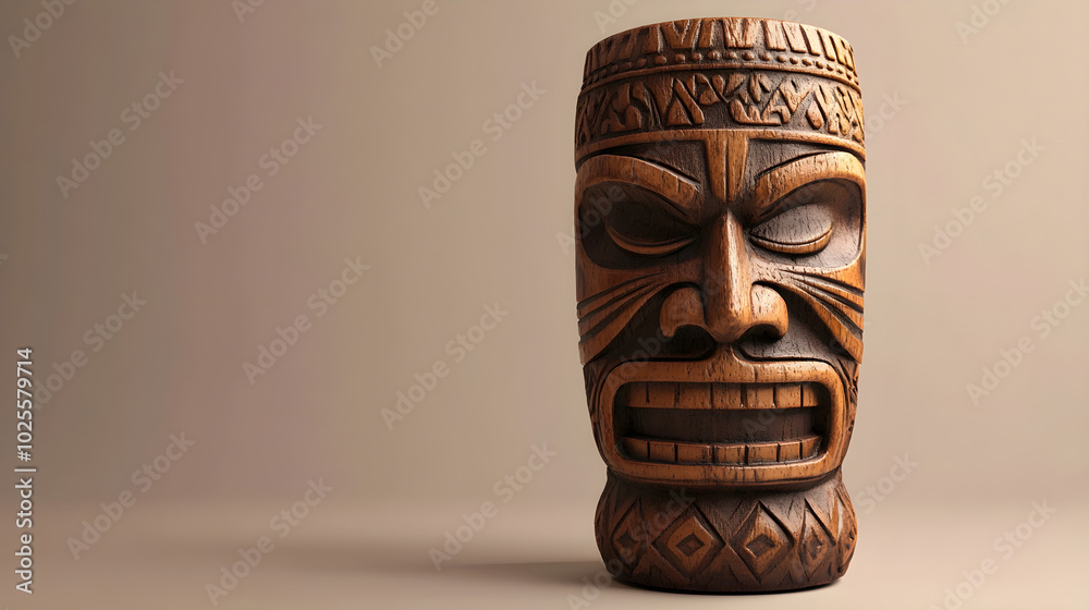 Detailed wooden tiki idol mask with intricate carvings and expressions Detailed wooden tiki idol mask with intricate carvings and expressions