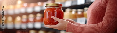 A person holding a jar of red sauce in a grocery store, surrounded by shelves filled with various preserved items. photo