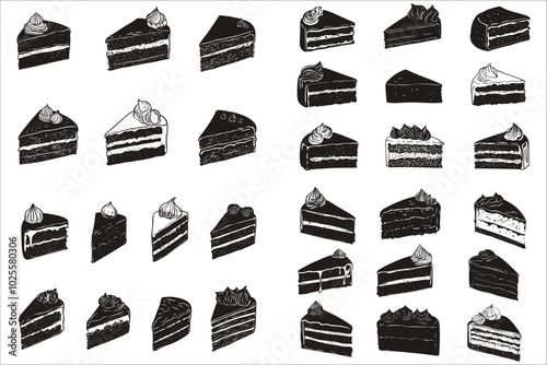  Set of cake slice silhouettes for sweet treats. Minimalist cake slice silhouettes vector collection. Cake slice silhouettes vector for dessert designs. Wedding, Birthday cake, Anniversary, Event