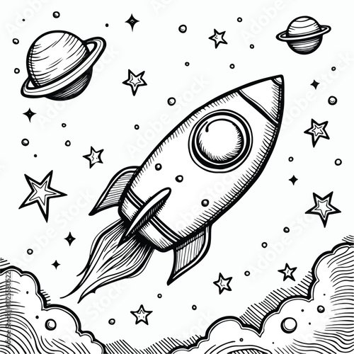 black and white rocket in space logo line  Art & Illustration