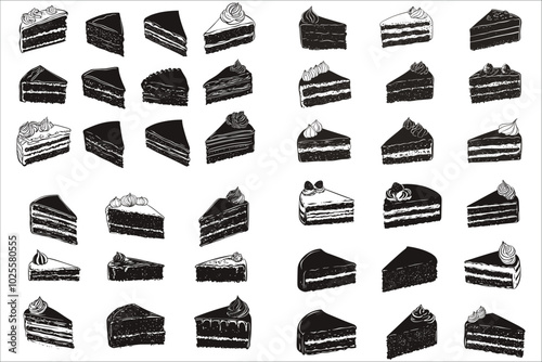 Set of cake slice silhouettes vector.  Set of cake slice silhouettes for sweet treats. Stylish set of cake slice silhouettes vector illustrations. Cake slice silhouettes vector for dessert designs