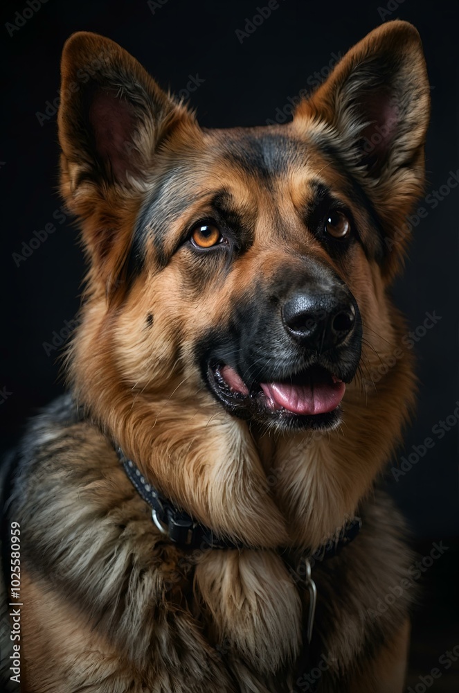 Loyal German Shepherd dog looking up with friendly expression on dark background Loyal German Shepherd dog looking up with friendly expression on dark background