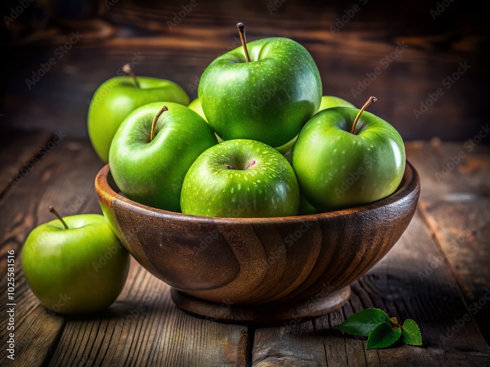 Fresh Green Apples in a Bowl on a Wooden Table - Perfect for Healthy Eating and Rustic Kitchen Fresh Green Apples in a Bowl on a Wooden Table - Perfect for Healthy Eating and Rustic Kitchen
