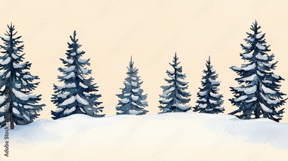 Snowy pine trees in a winter landscape, soft pastel background. Snowy pine trees in a winter landscape, soft pastel background.