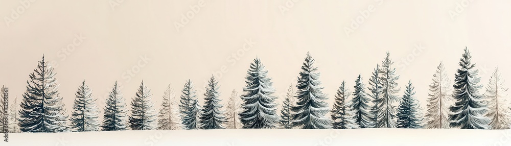 Fototapeta premium Snowy trees lined against a soft winter background.