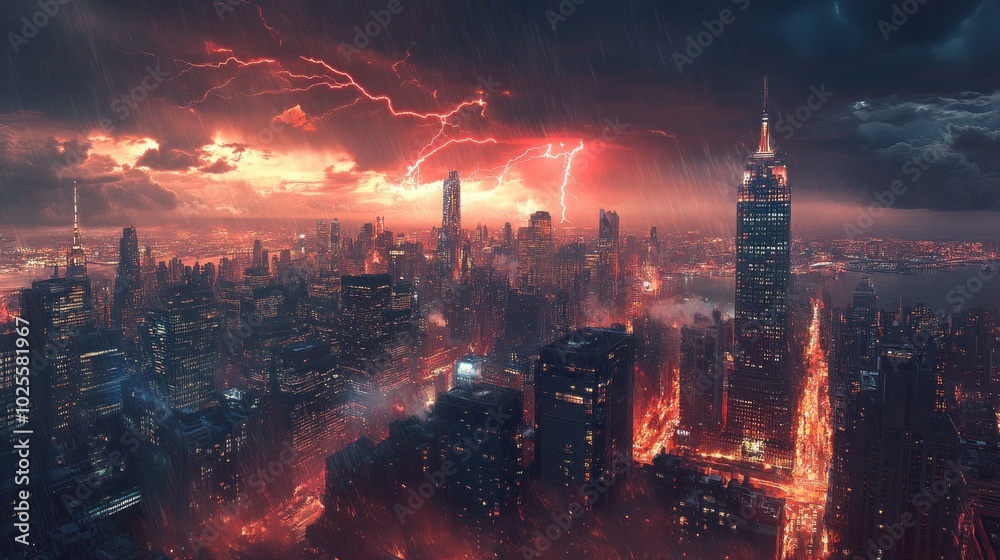 A dramatic cityscape illuminated by lightning amidst a stormy sky. A dramatic cityscape illuminated by lightning amidst a stormy sky.