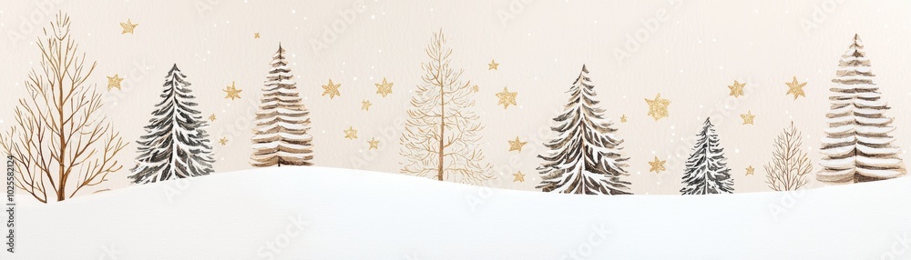 Winter landscape with trees, snow, and golden stars, serene scene. Winter landscape with trees, snow, and golden stars, serene scene.