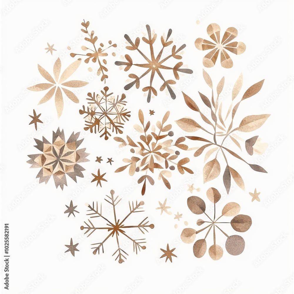 Winter-themed floral and snowflake illustrations, white background Winter-themed floral and snowflake illustrations, white background