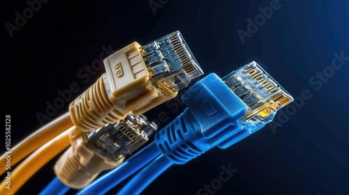 Close up of Yellow and Blue Ethernet Cables with RJ45 Connectors on Dark Background photo