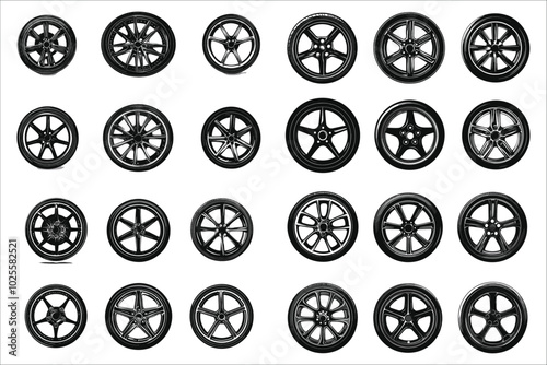Black silhouettes of car wheel set. Car wheel silhouettes collection vector. Vector car wheel silhouettes. Vector illustrations of car wheel silhouettes set. Vector art of car wheel silhouettes icons