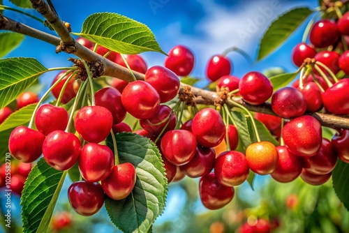 Fresh Red Cherry Berries on Tree Branch in Summer Sunshine - Juicy Organic Fruits for Healthy Eating and