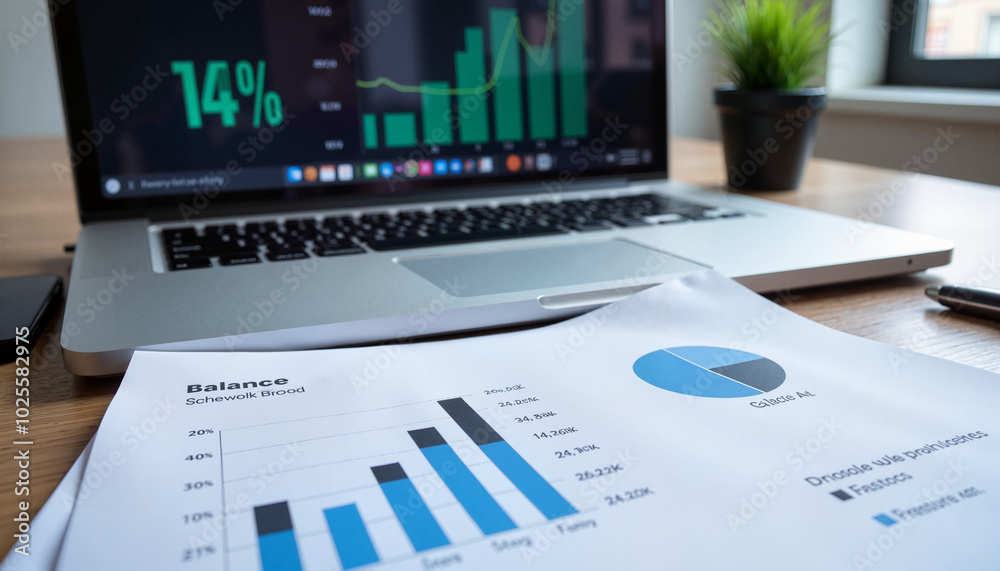 Business analytics report with graphs and charts on a laptop desk in a modern office environment Business analytics report with graphs and charts on a laptop desk in a modern office environment