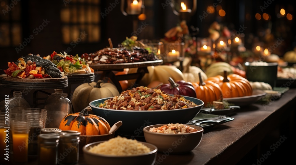 Traditional Thanksgiving Feast Turkey, Stuffing, Green Beans, and Pies on Rustic Table Traditional Thanksgiving Feast Turkey, Stuffing, Green Beans, and Pies on Rustic Table