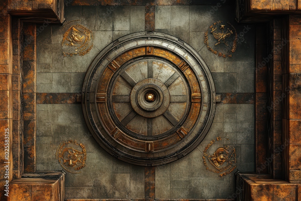 Intricate, industrial-style ceiling design with metal gears and patina finish, showcasing steampunk elements and mechanical artistry.