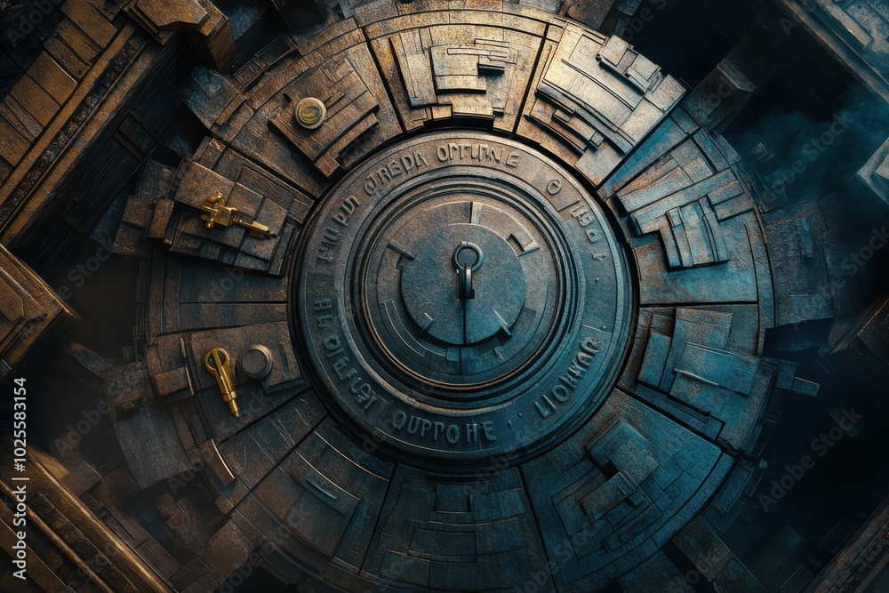 Intricate steampunk vault door with gears and metal details in an industrial setting, symbolizing security and mystery. Intricate steampunk vault door with gears and metal details in an industrial setting, symbolizing security and mystery.