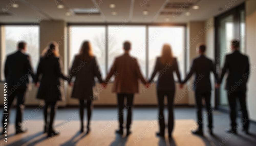 Blurred office themed background, team holding hands in a circle against large windows symbolizing unity and cooperation. Blurred office themed background, team holding hands in a circle against large windows symbolizing unity and cooperation.