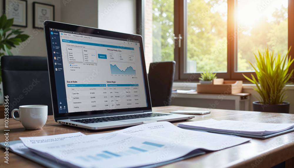 Laptop displaying financial data with documents and a coffee cup in a bright office setting Laptop displaying financial data with documents and a coffee cup in a bright office setting