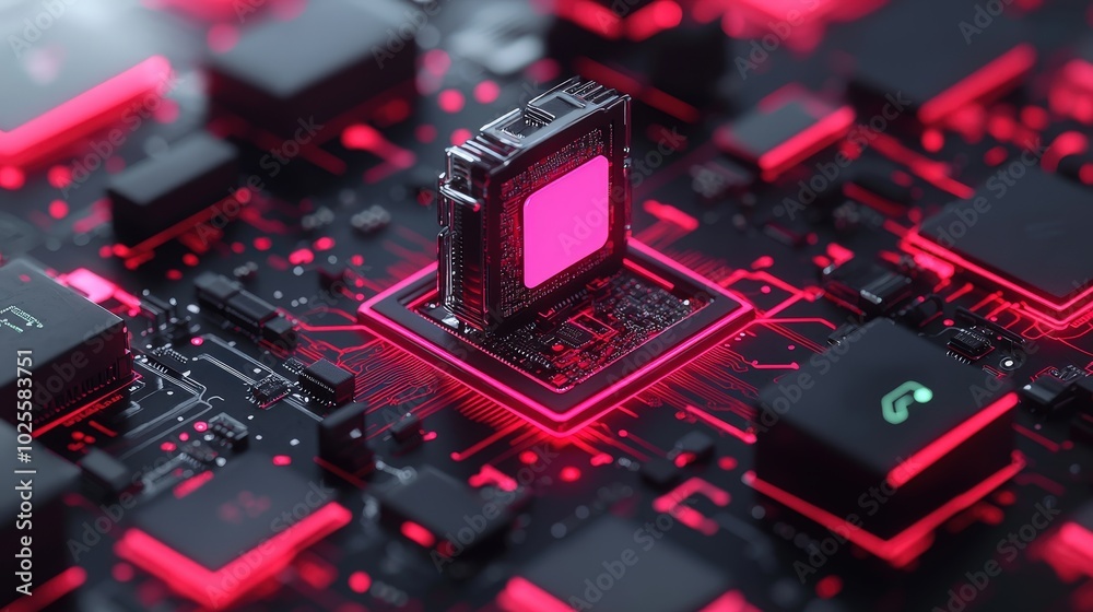 Futuristic Circuit Board with Red Glowing LEDs and CPU Chip Futuristic Circuit Board with Red Glowing LEDs and CPU Chip