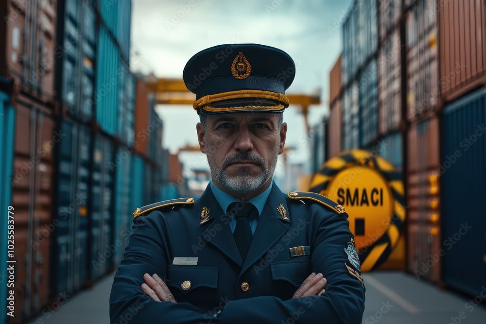 Security officer standing confidently in container yard, ensuring safety and order amidst colorful shipping containers. Security officer standing confidently in container yard, ensuring safety and order amidst colorful shipping containers.