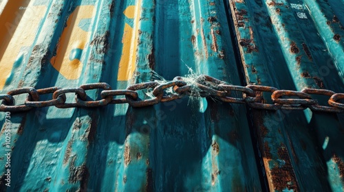 Wallpaper Mural Rusty chain on a weathered teal metal surface with peeling paint, symbolizing decay, resilience, and industrial age. Torontodigital.ca