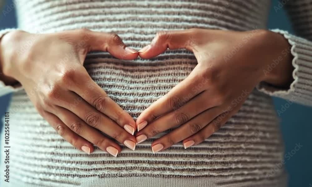 A pregnant woman’s hands gently forming a heart shape over her belly, symbolizing love and motherhood. A pregnant woman’s hands gently forming a heart shape over her belly, symbolizing love and motherhood.