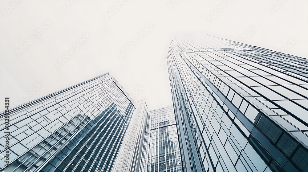 Fototapeta premium Low angle view of modern skyscrapers reaching for the sky.