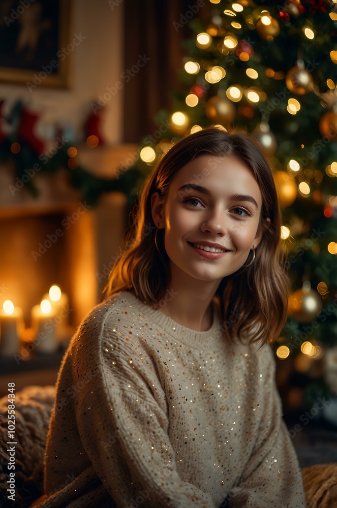 Cheerful girl smiling in a cozy sweater during the holiday season copy space Cheerful girl smiling in a cozy sweater during the holiday season copy space