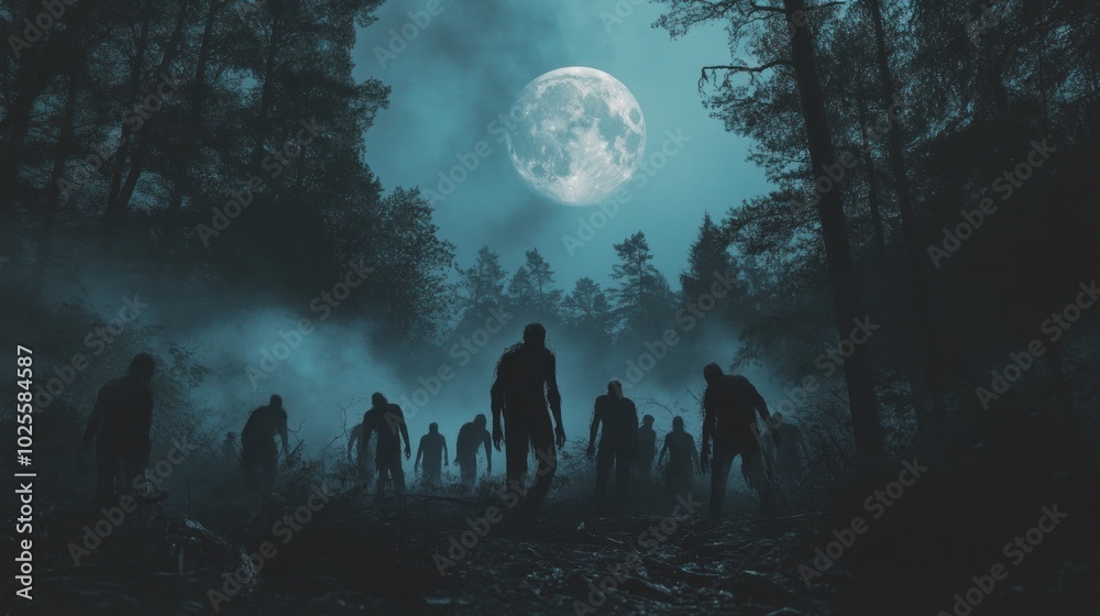 A dark forest scene with silhouettes of figures under a full moon, evoking a horror atmosphere. A dark forest scene with silhouettes of figures under a full moon, evoking a horror atmosphere.