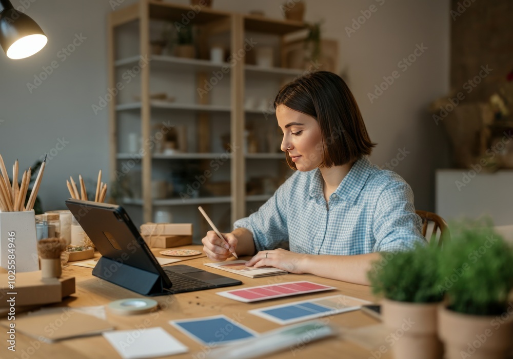 Young Woman Working at Home, Writing in Notebook, Using Laptop and Pens Young Woman Working at Home, Writing in Notebook, Using Laptop and Pens