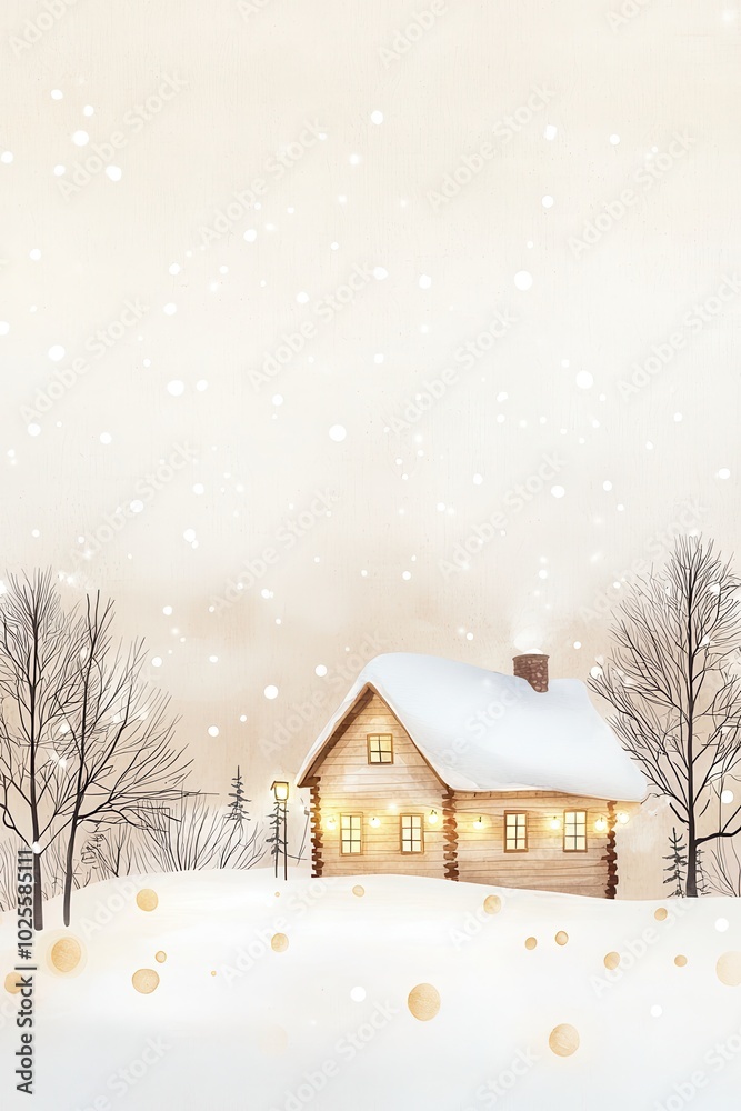 Naklejka premium Cozy wooden house in snow, warm lights, winter landscape.