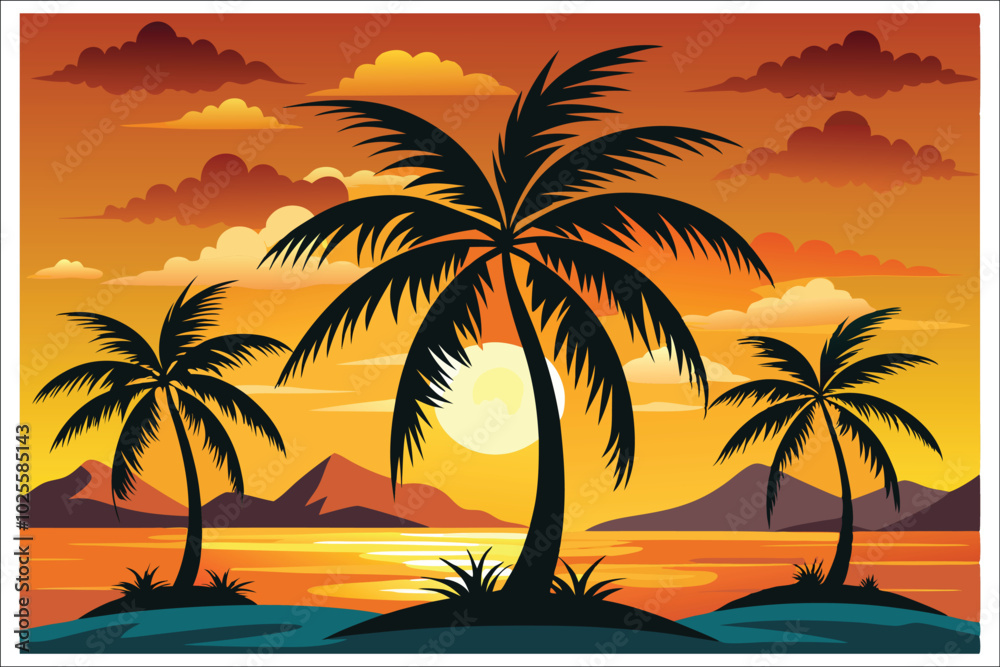 Fototapeta premium Coconut Tree Sunset Beach Vector Illustration 2025