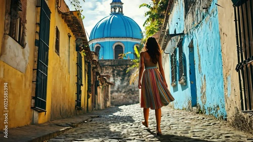 A woman walks down a cobblestone street in a colorful city, a blue-domed church in the distance