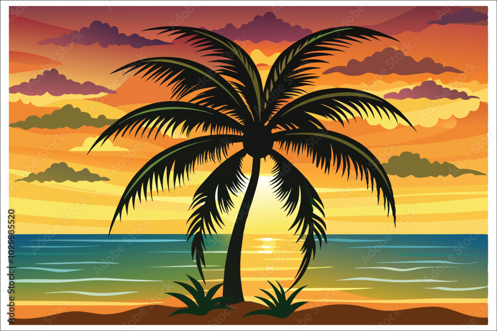Fototapeta premium Coconut Tree Sunset Beach Vector Illustration 2025