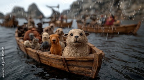 Noah s Ark Animal Rescue   Cute Otter in Wooden Boat During Rainstorm photo