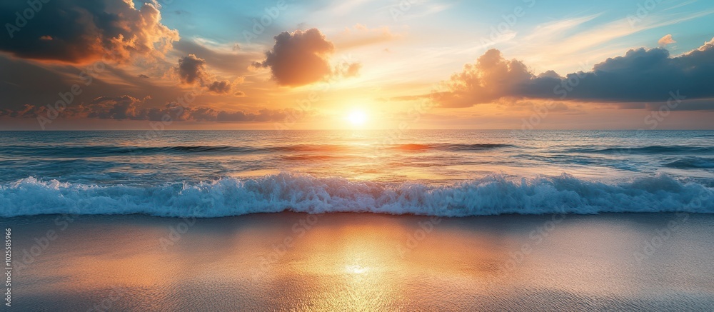 A beautiful sunset over the ocean with waves crashing on the shore. A beautiful sunset over the ocean with waves crashing on the shore.