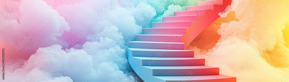 A colorful staircase ascends through vibrant clouds, creating a whimsical and dreamlike atmosphere. A colorful staircase ascends through vibrant clouds, creating a whimsical and dreamlike atmosphere.