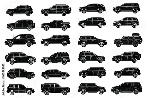 Vector car silhouettes collection. Vector illustrations of car silhouettes. Vehicles silhouettes vector art. Various types car vector silhouettes. Silhouettes of different types cars vector