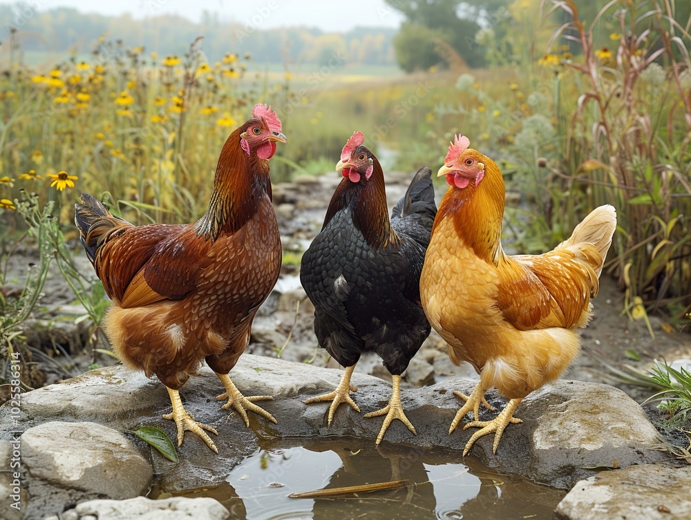 Fototapeta premium Three Chickens by a Pond in a Rural Setting