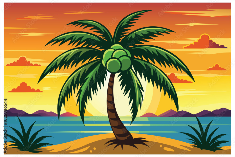 Fototapeta premium Coconut Tree Sunset Beach Vector Illustration 2025