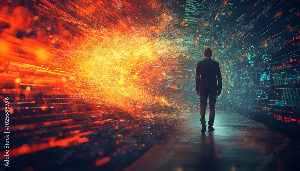 A solitary figure stands at a vibrant digital gateway, symbolizing exploration and innovation in a futuristic landscape. A solitary figure stands at a vibrant digital gateway, symbolizing exploration and innovation in a futuristic landscape.