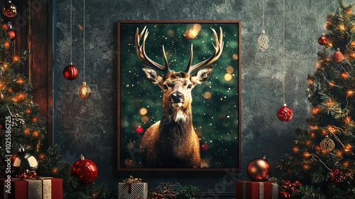 Festive wall art mockup with a deer motif, surrounded by Christmas lights and ornaments. photo