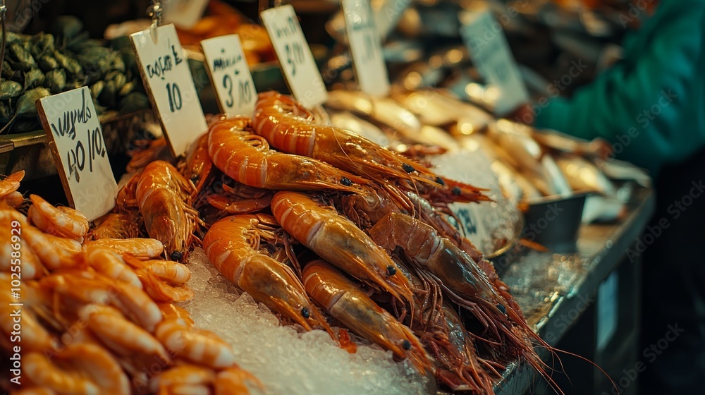 Fresh shrimp on ice at a fish market. Fresh shrimp on ice at a fish market.