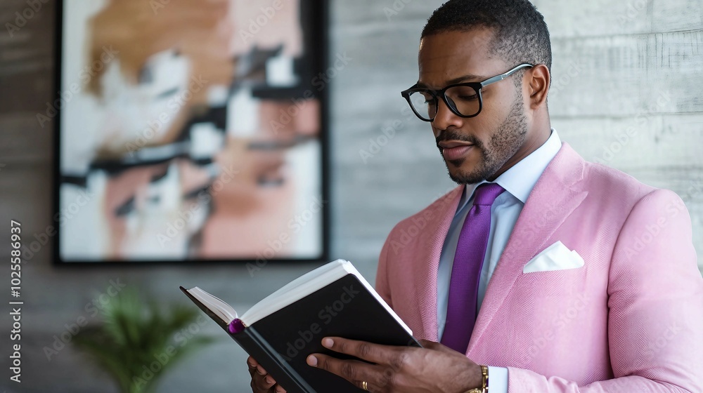 African American Man in Pink Suit Reading a Book African American Man in Pink Suit Reading a Book