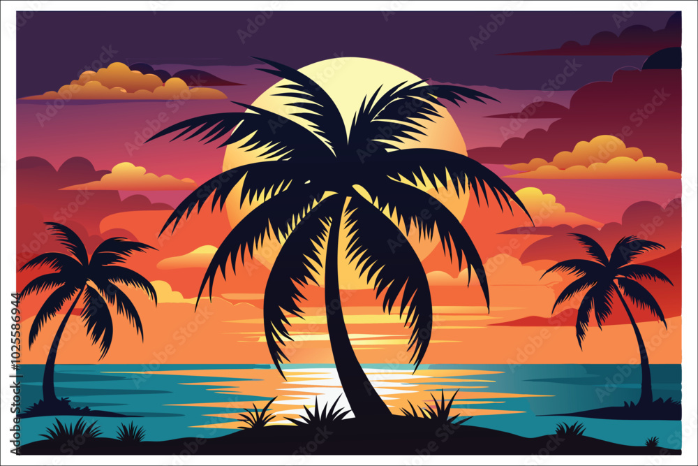 Fototapeta premium Coconut Tree Sunset Beach Vector Illustration 2025